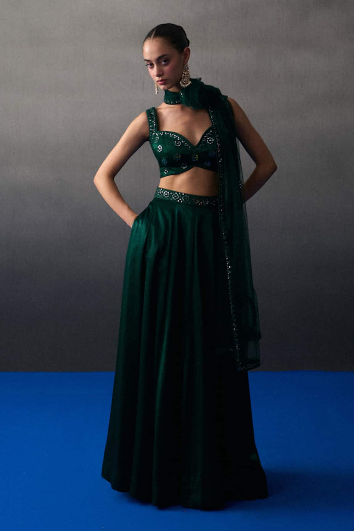 Angad Singh Emerald Green Satin Lehenga Set 