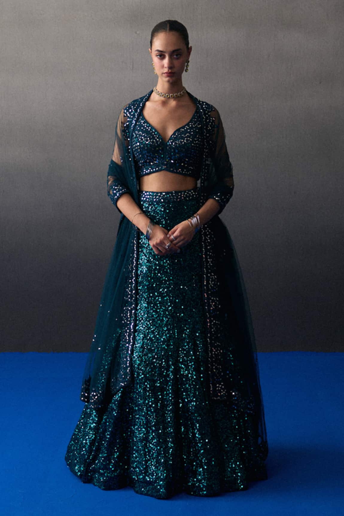 Angad Singh Peacock Blue Sequins Lehenga Set 