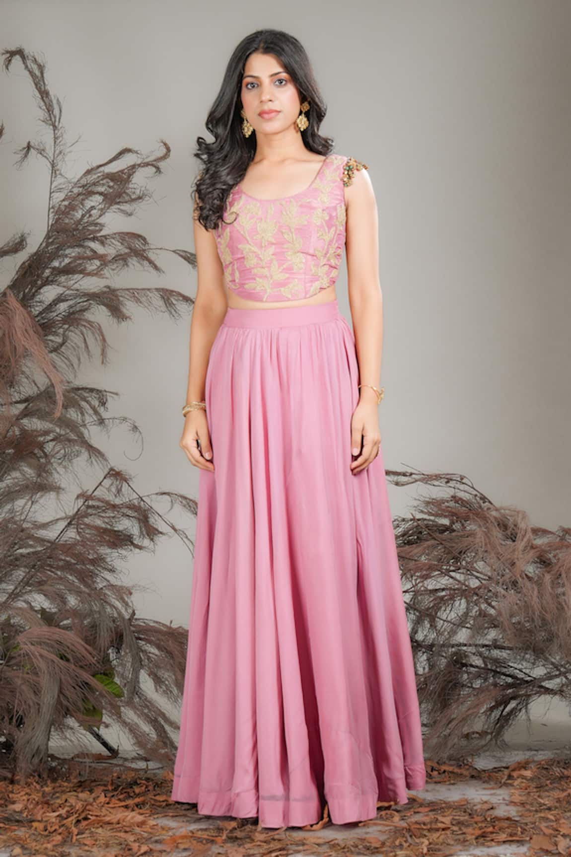 Rirasa Pink Hand Embroidered Top & Skirt Set 