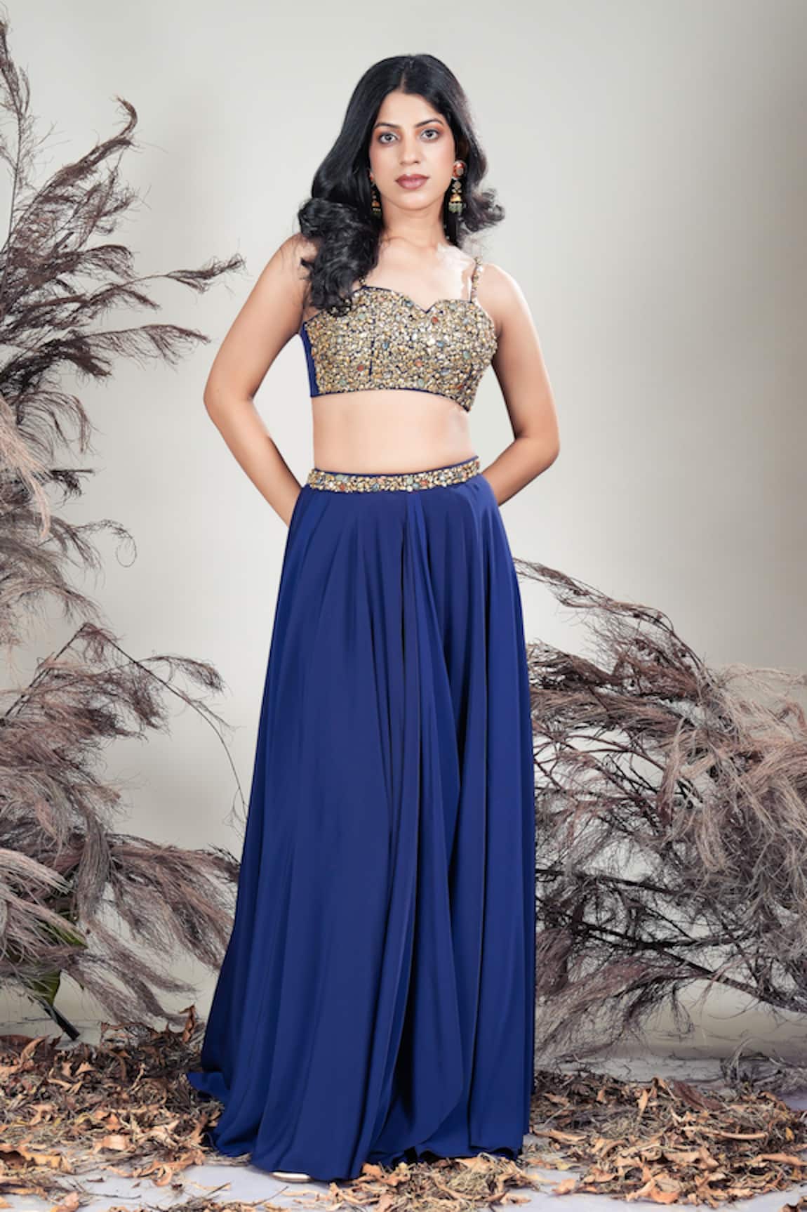 Rirasa Navy Blue Hand Embroidered Blouse & Skirt 