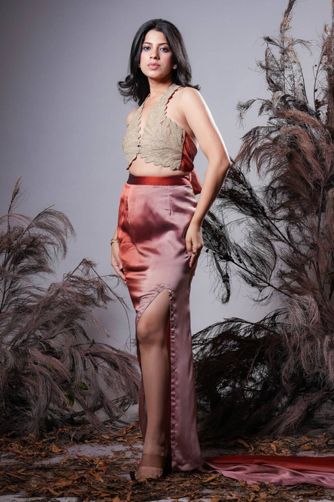 Rirasa Brown Ombre Hand Embroidered Bustier & Skirt 