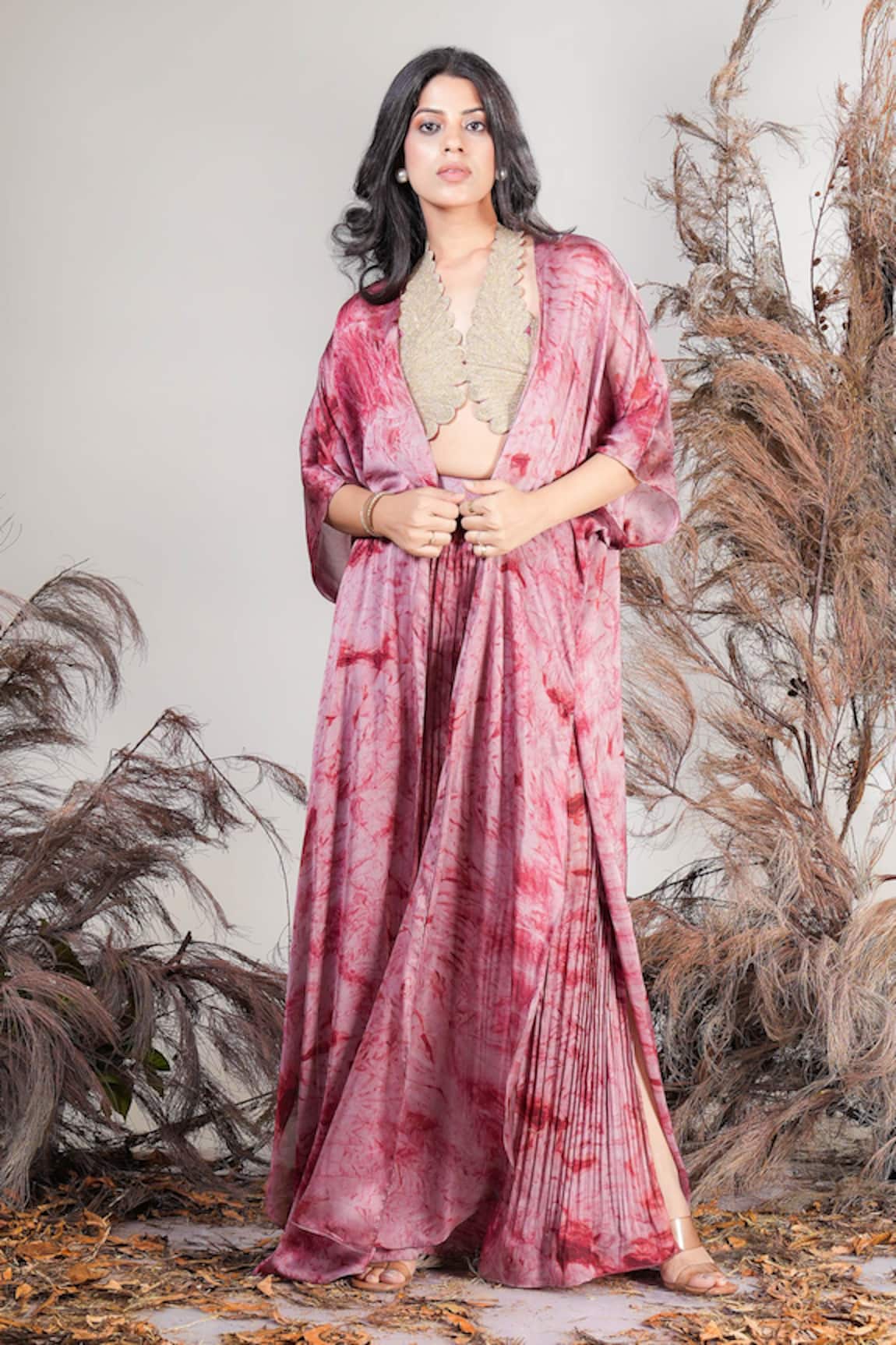 Rirasa Coral Pink Hand Embroidered Bustier Set 
