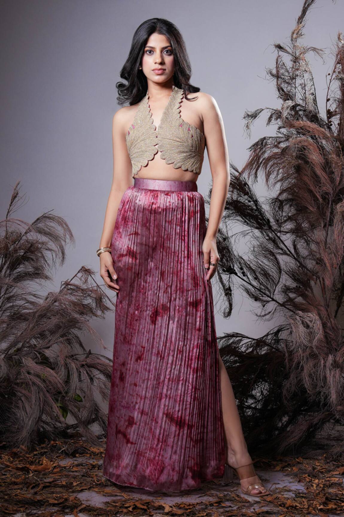 Rirasa Coral Pink Hand Embroidered Bustier & Skirt 