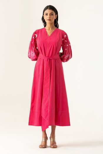 K-Anshika Fuchsia V-Neck Embroidered Dress With Belt 
