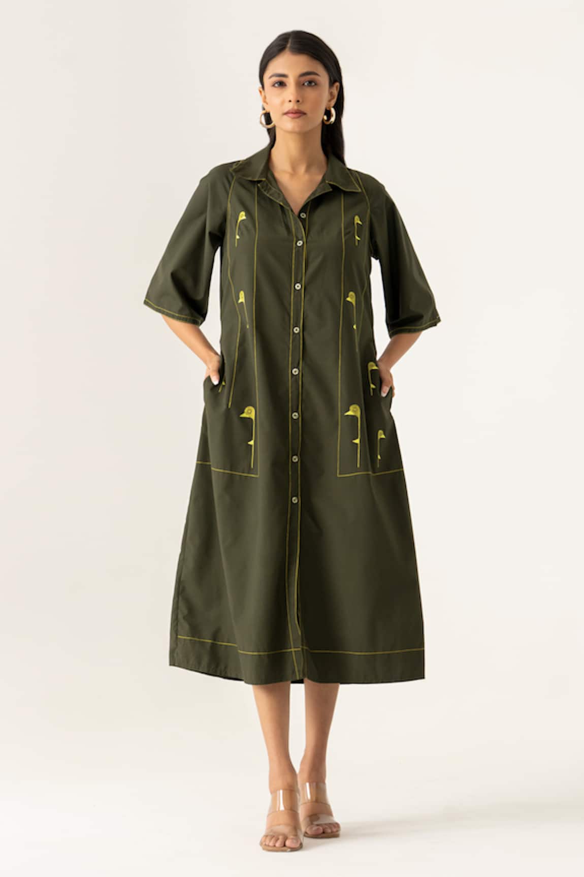 K-Anshika Olive Green Botanical Midi Dress 