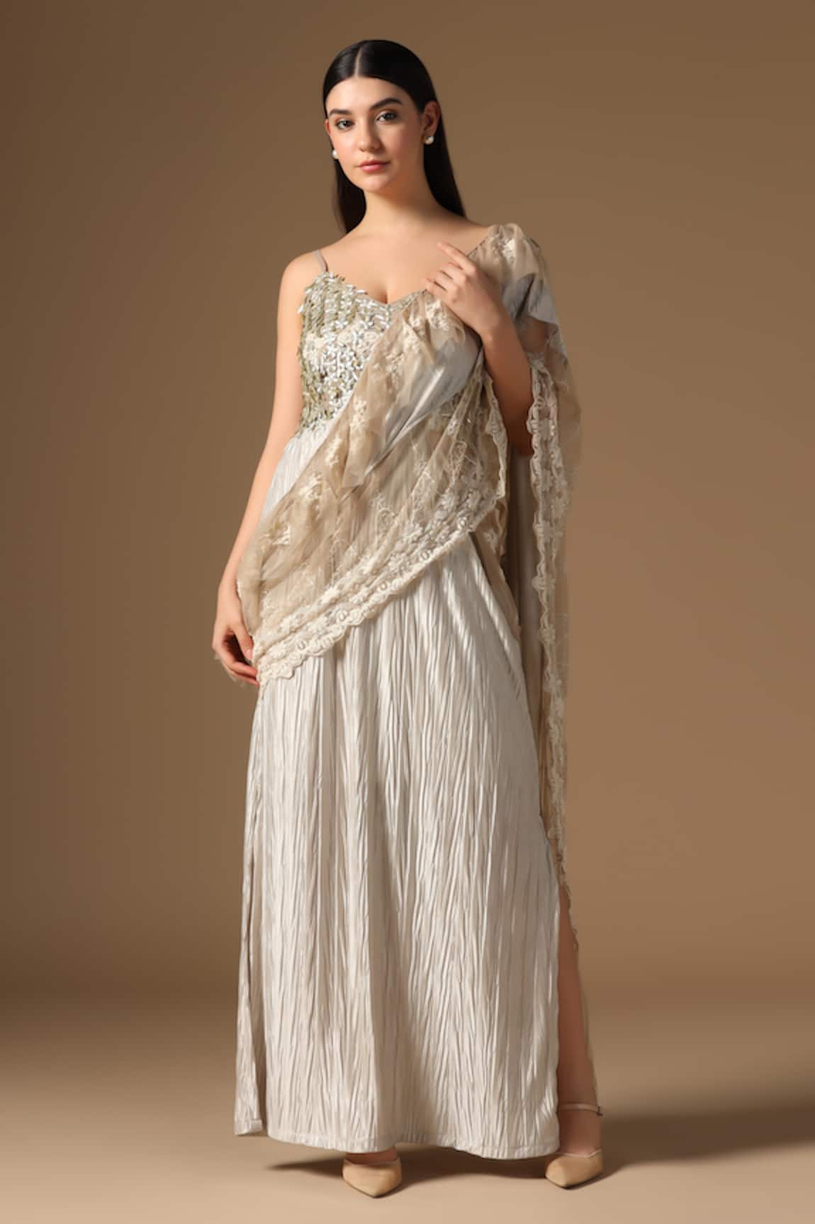 Rina Dhaka Cream Satin Embroidered Saree Gown 