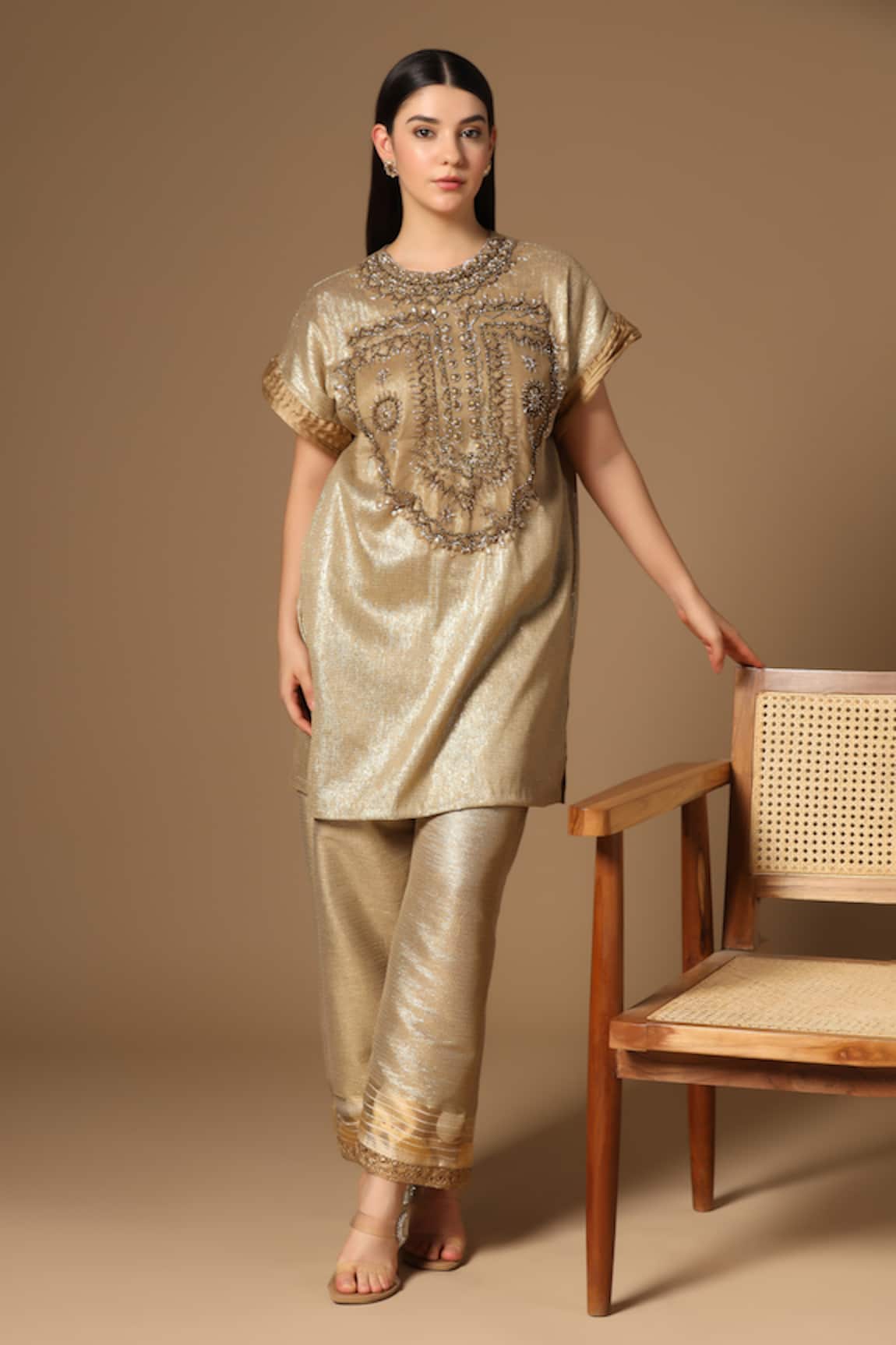 Rina Dhaka Golden Lurex Linen Kurta & Pant Set 
