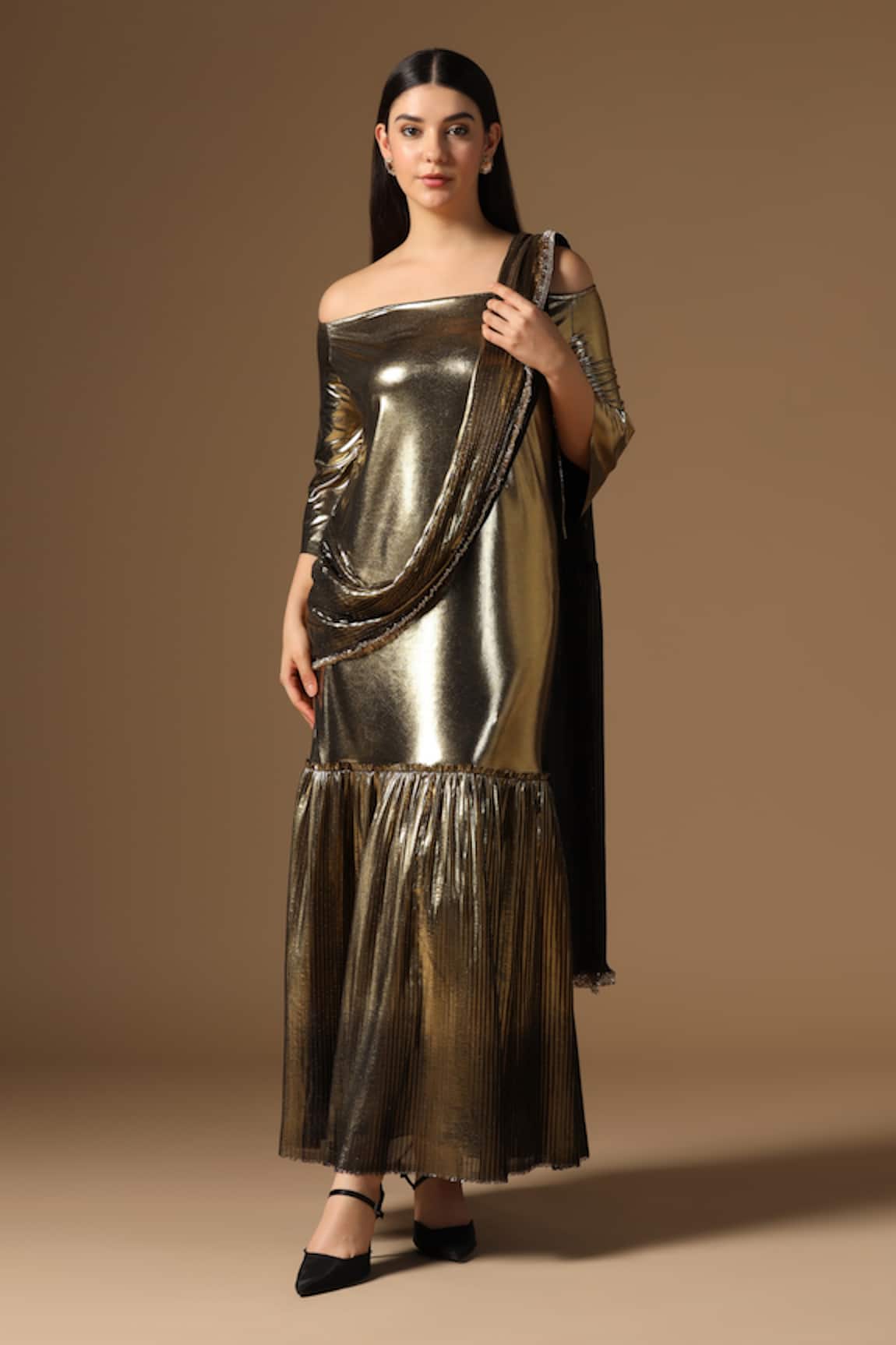 Rina Dhaka Metallic Gold Saree Gown 