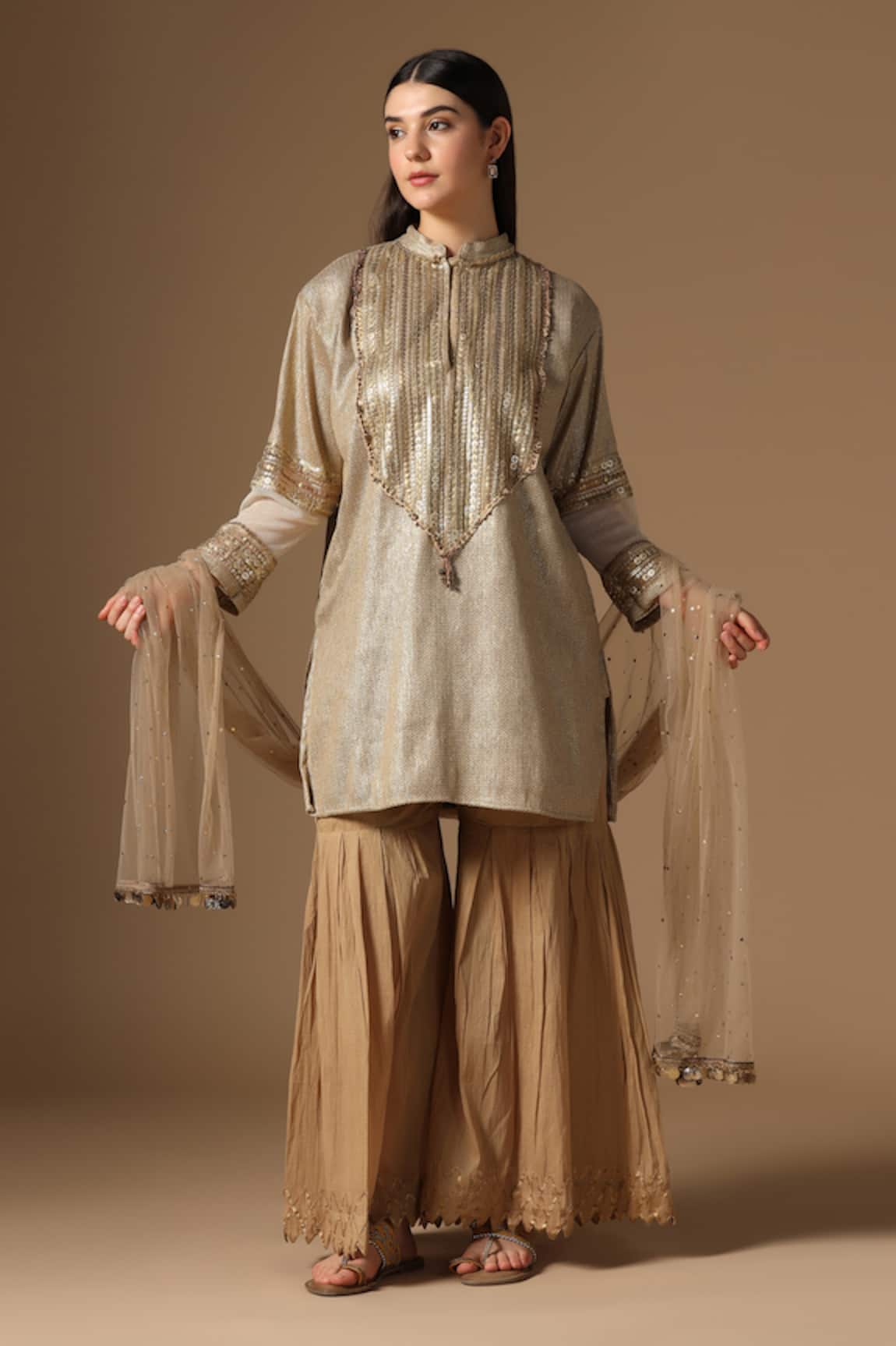 Rina Dhaka Gold Lame Linen Kurta Sharara Set 