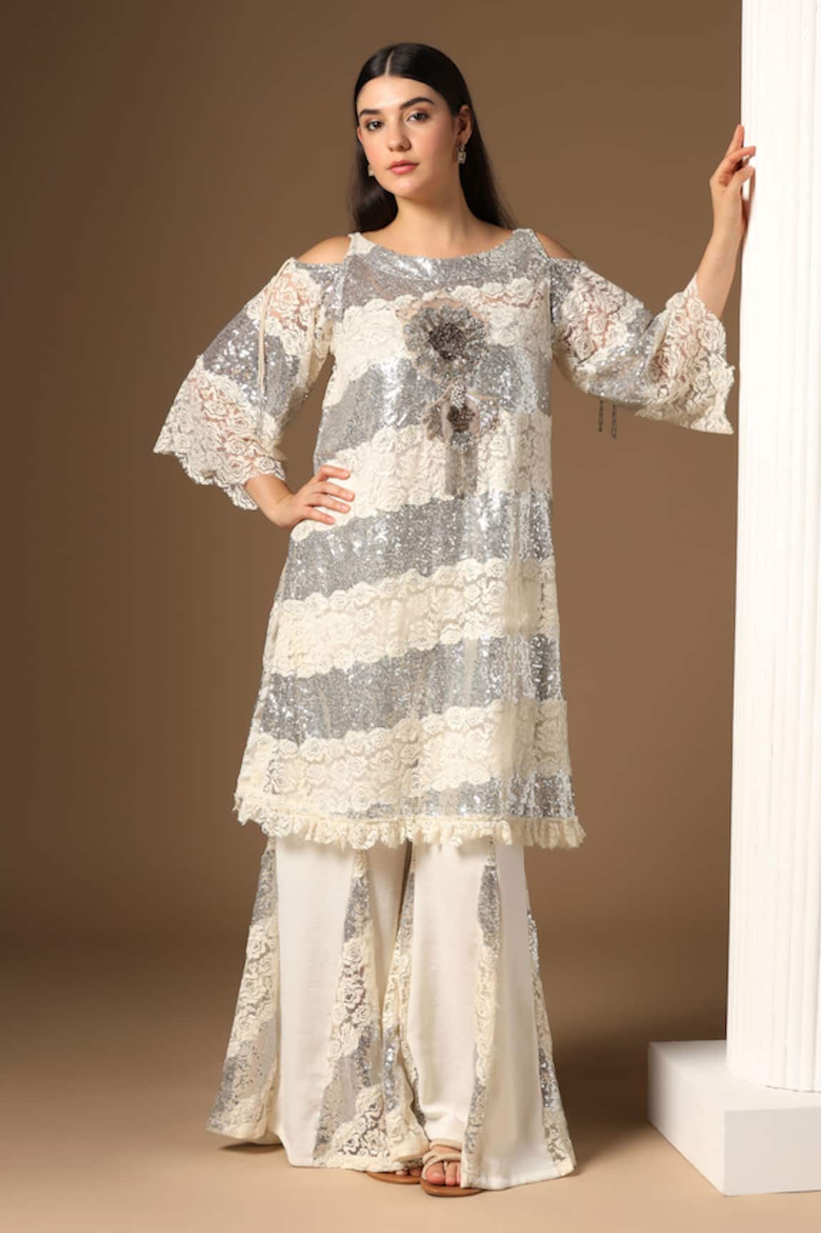Rina Dhaka White & Silver Sequinned Tunic Sharara Set 