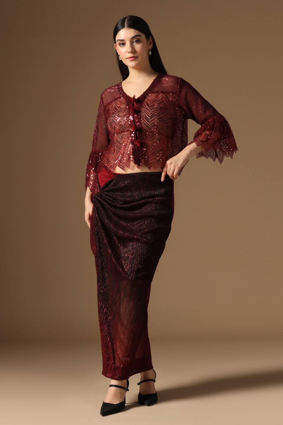 Rina Dhaka Maroon Lurex Skirt & Jacket Set 