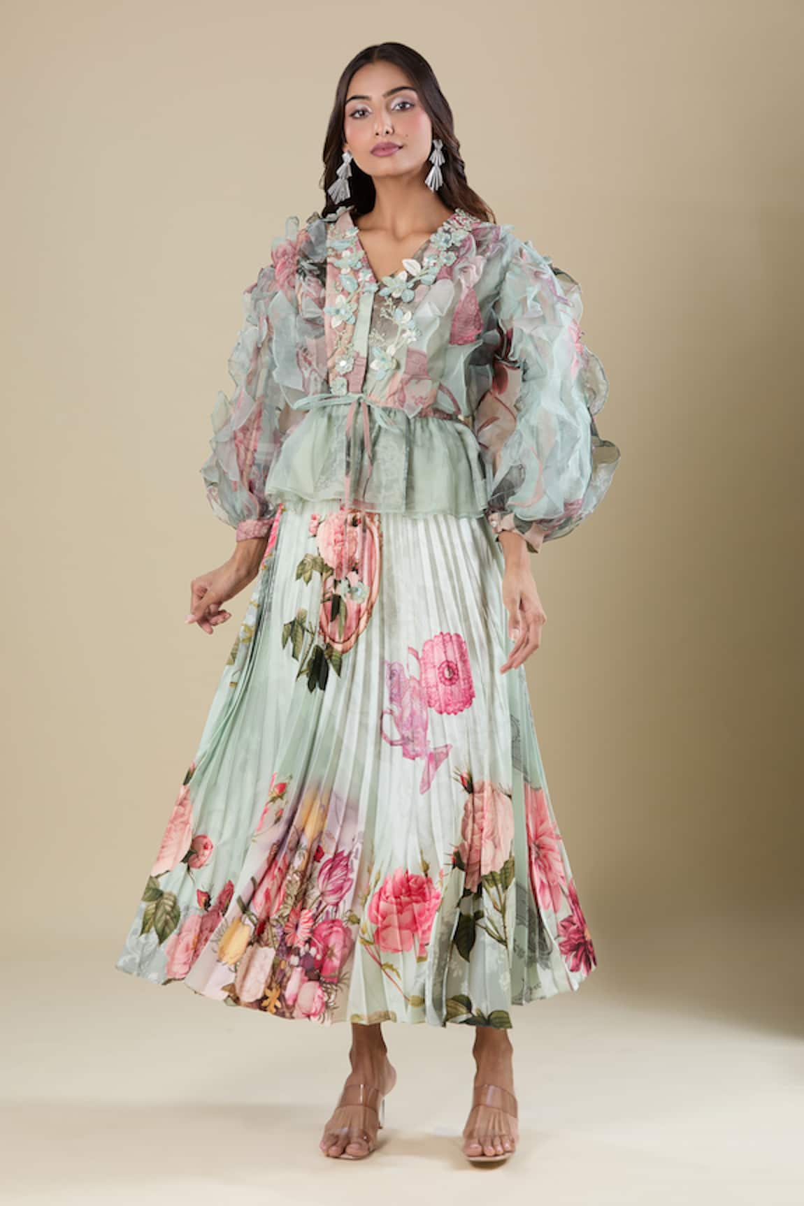 Pankaj & Nidhi Floral Pleated Top & Skirt Set 