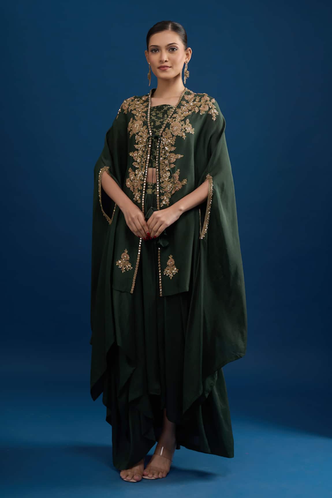 Matsya Bottle Green Embroidered Cape Set 