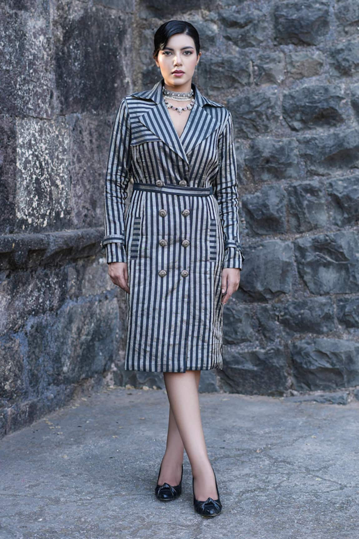 Label Anshu Khathuria Striped Designer Trenchcoat Dress 