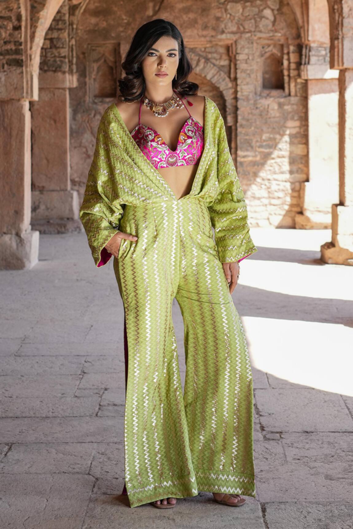 Label Anshu Khathuria Green & Rani-Pink Handloom Jumpsuit Set 