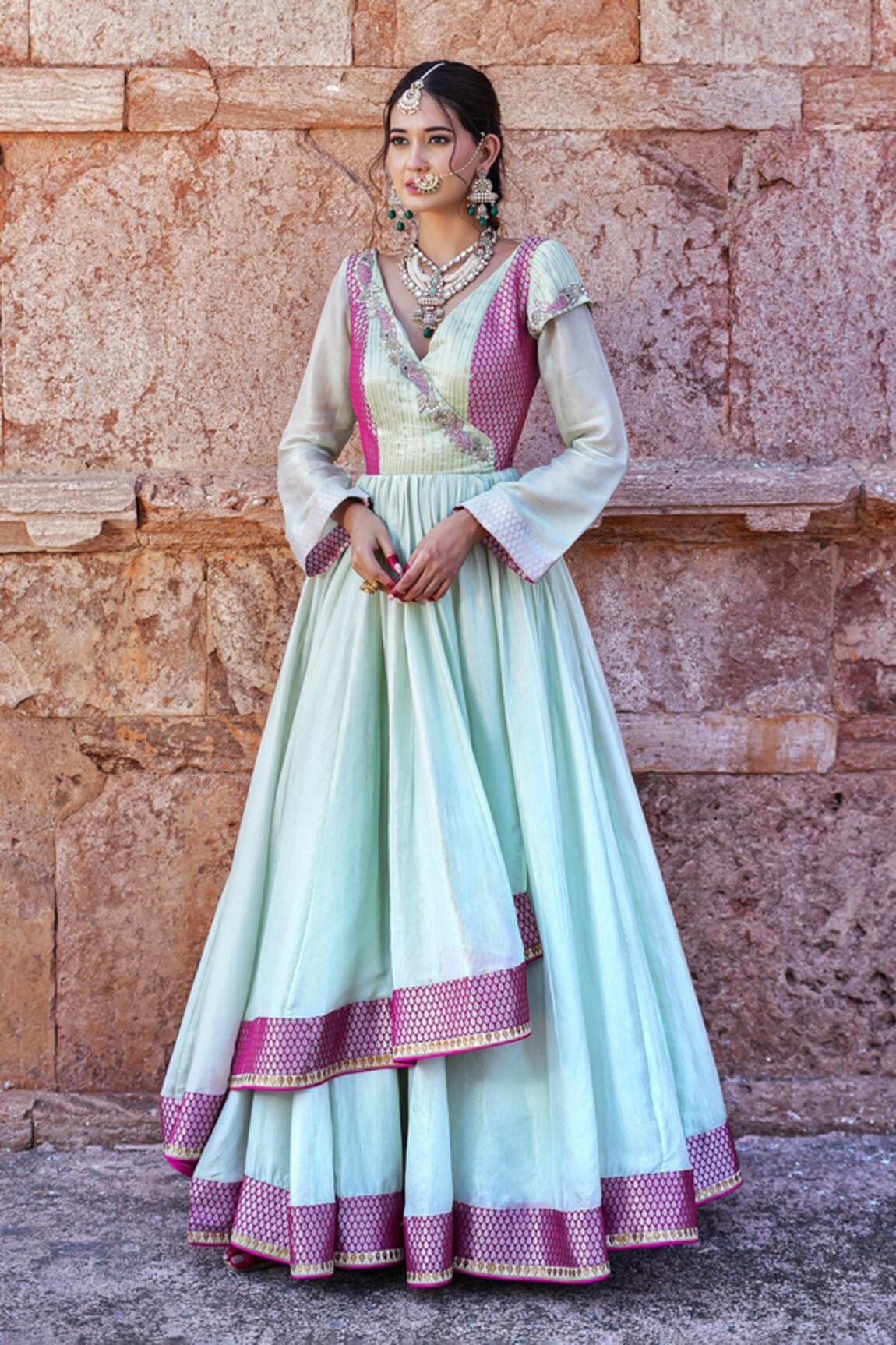 Label Anshu Khathuria Green & Rani-Pink Handloom Anarkali 