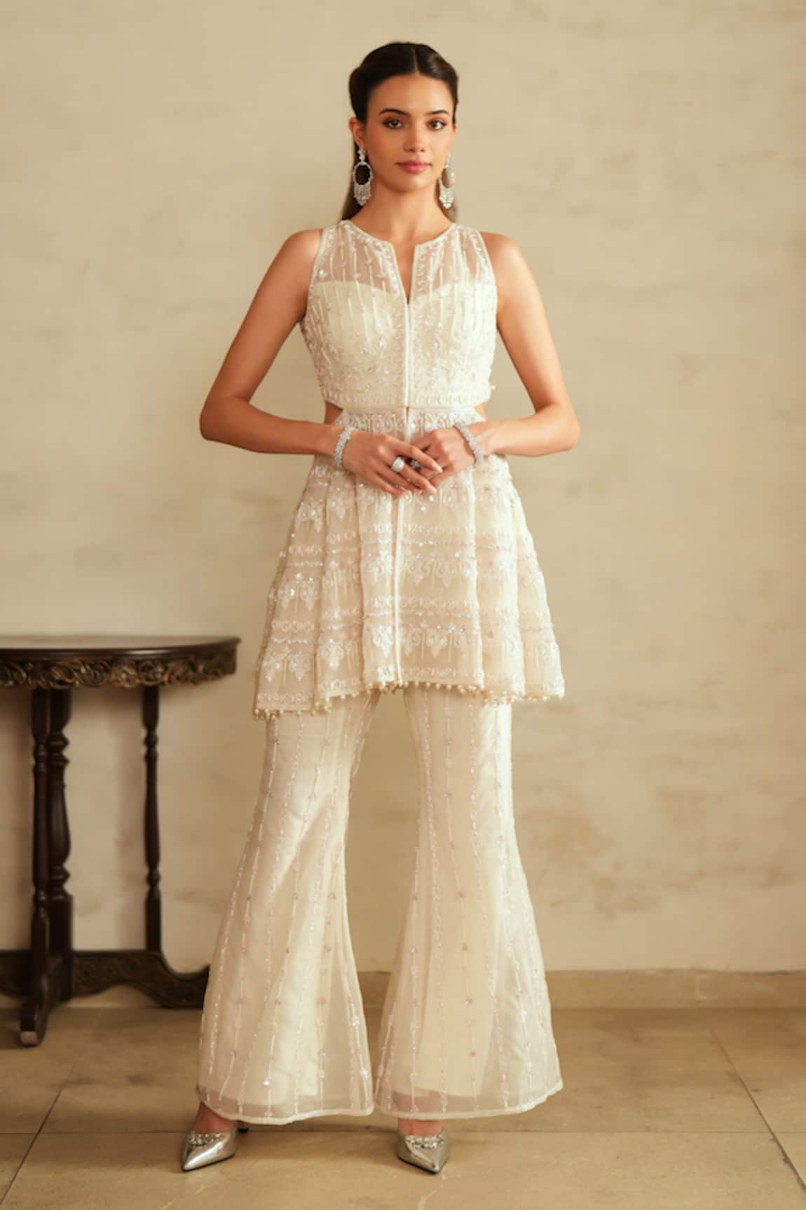 Saisha Ivory Organza Tunic & Bell Bottom Pant Set