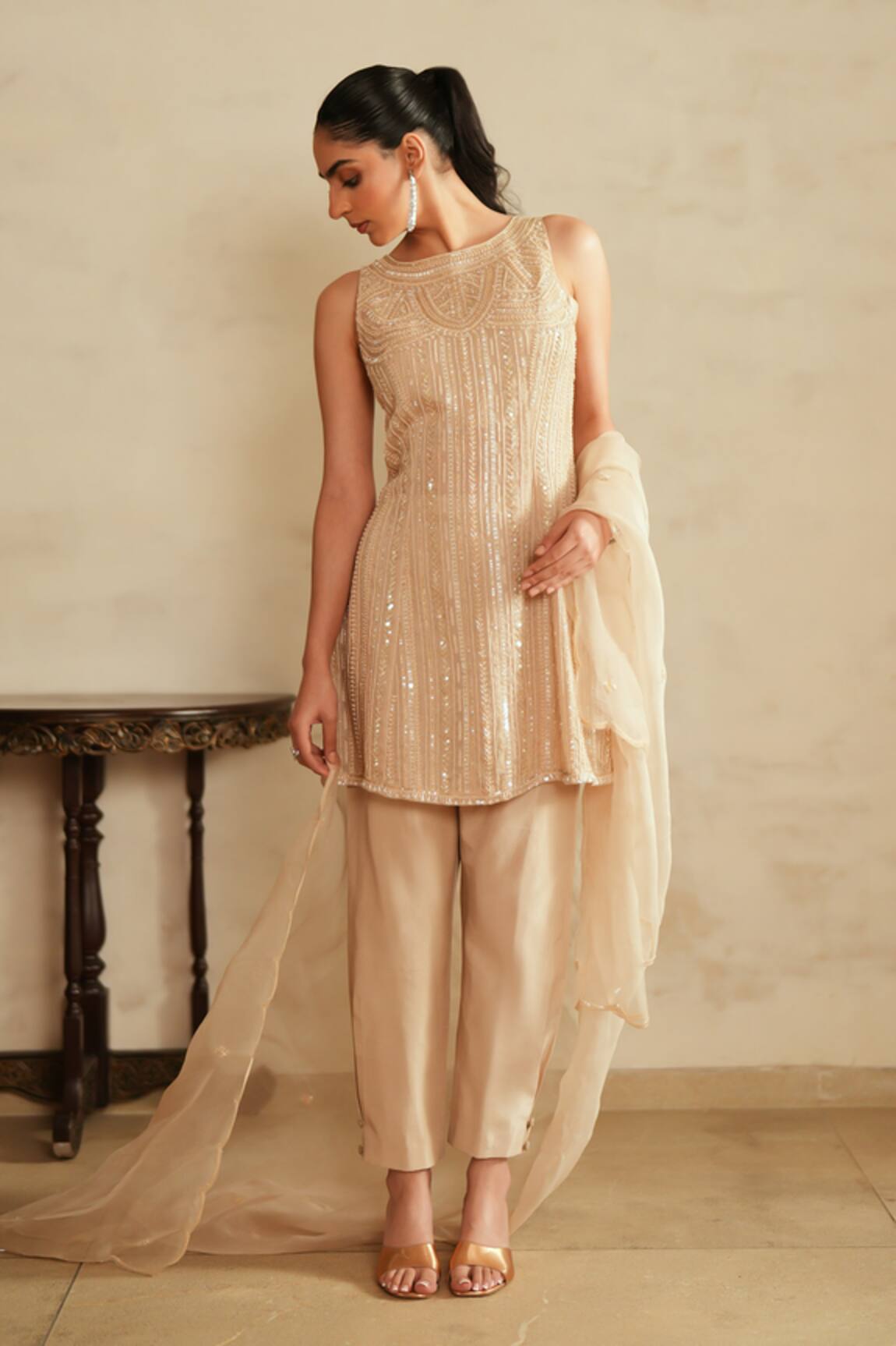 Saisha Beige Gold Sequin Kurta Set
