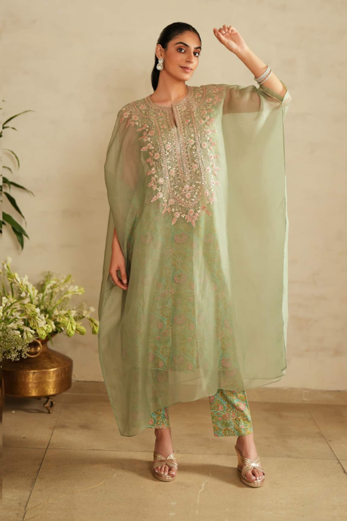 Saisha Embroidered Sea Green Kaftan Set
