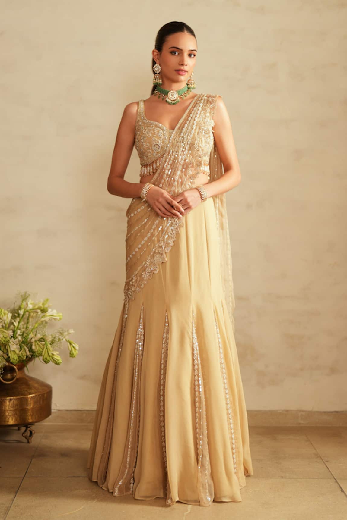 Saisha Beige Gold Pre-Draped Lehenga Saree With Blouse