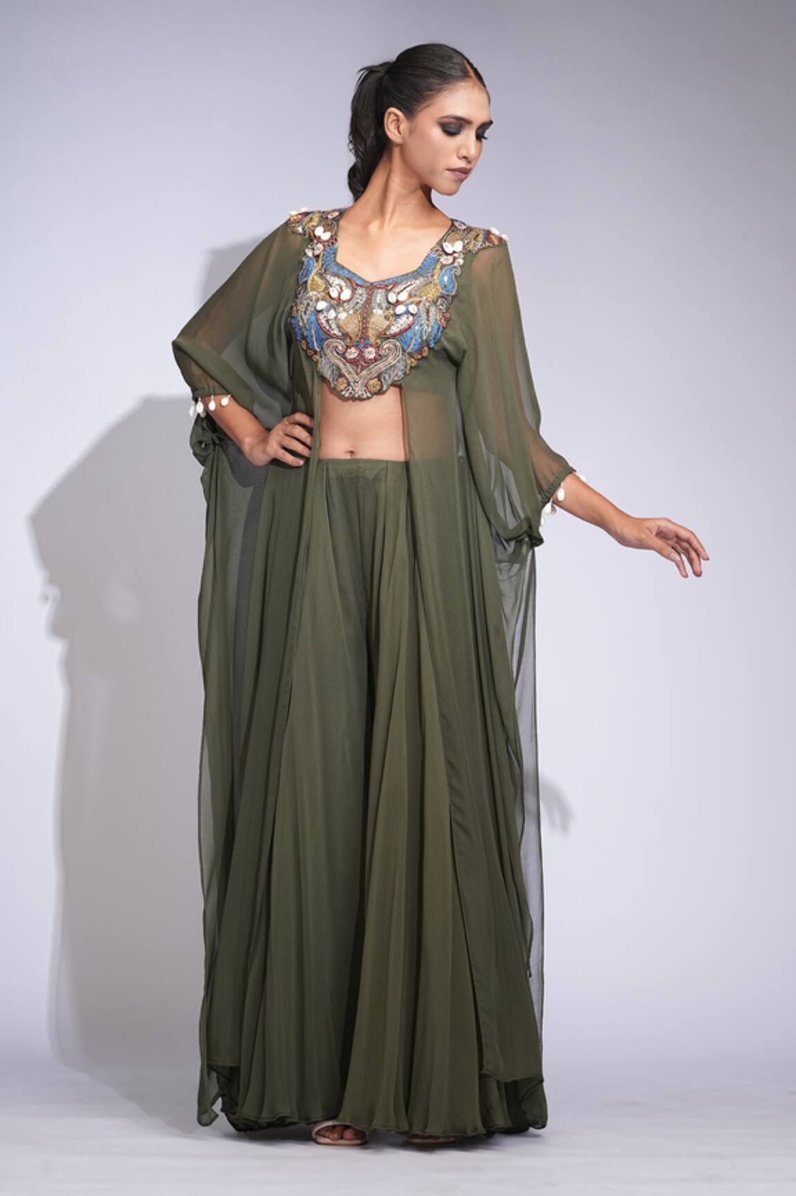 Shruti S Green Georgette Asymmetric Tunic & Sharara Set 