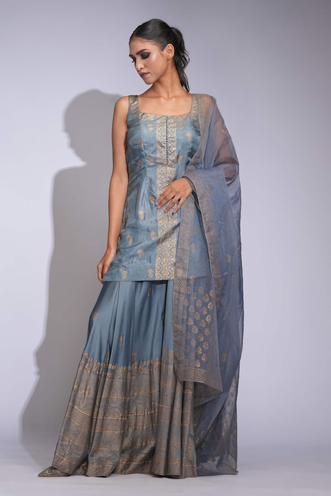Shruti S Grey Hand Block Printed Kurta Sharara Set 