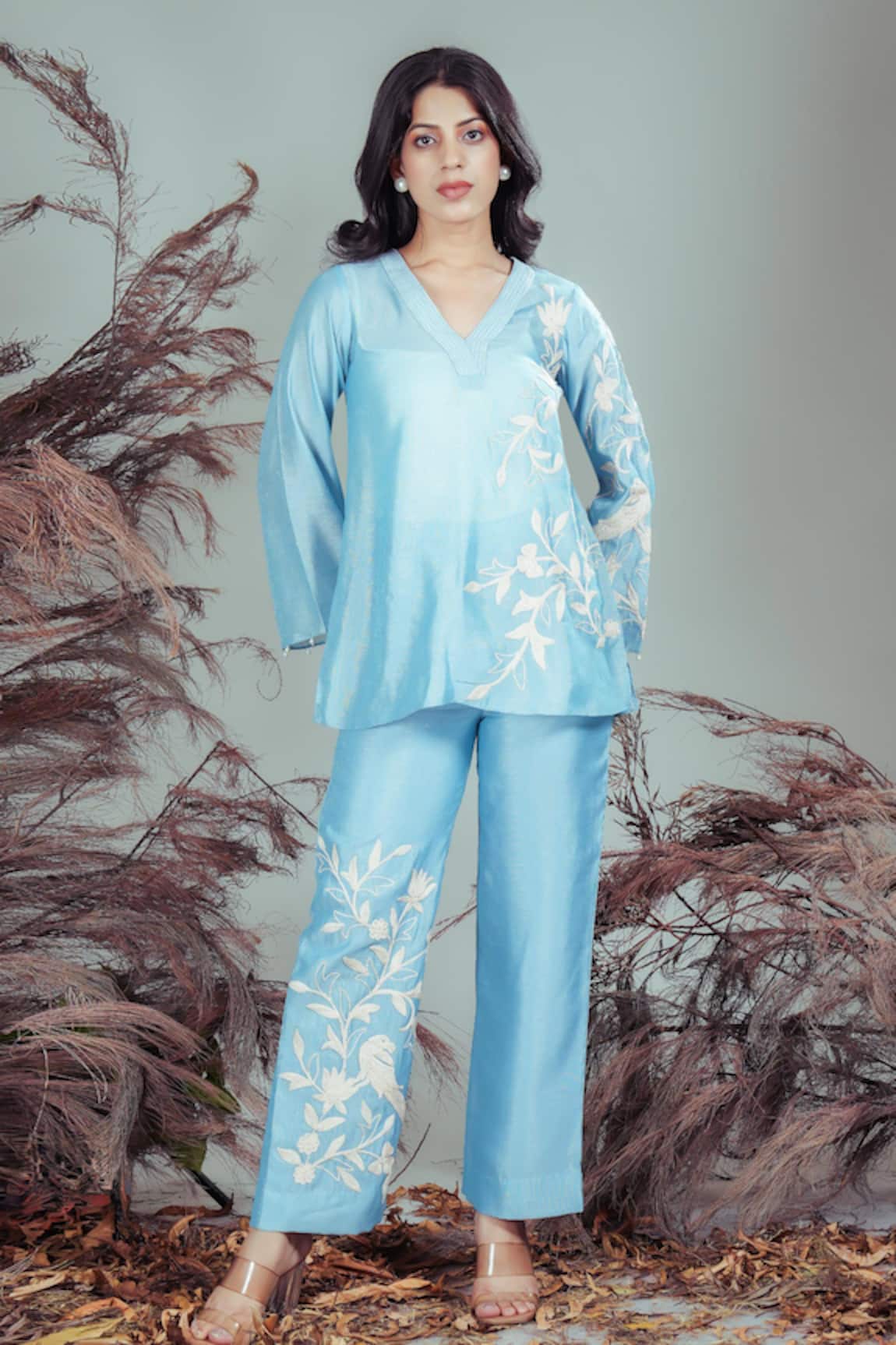 Rirasa Sky Blue Hand Embroidered Tunic Pant Set 