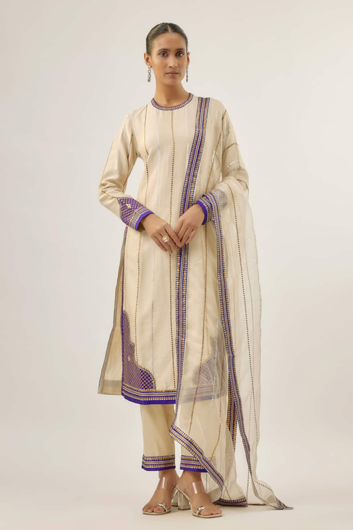 Priyal Prakash JHAROKHA AND JAAL KURTA SET Ivory & Violet Jharokha Kurta Set 