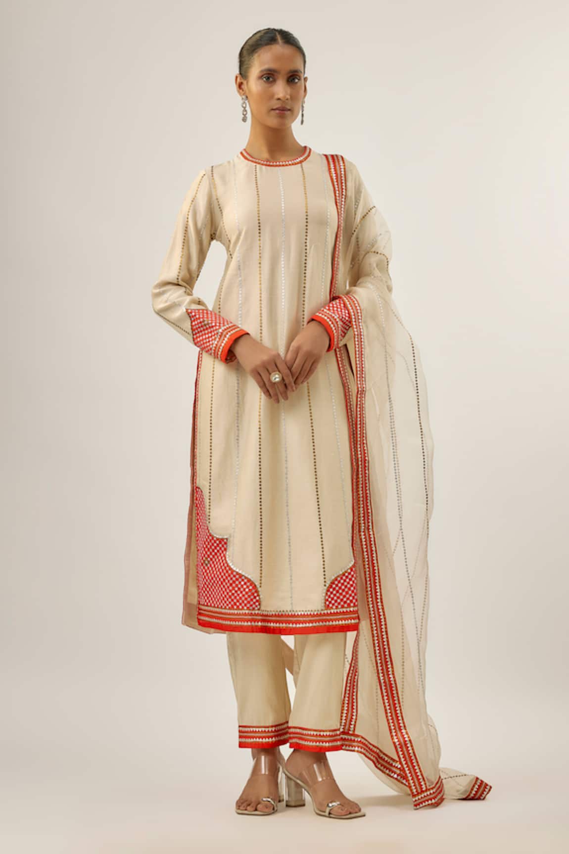 Priyal Prakash JHAROKHA AND JAAL KURTA SET Ivory & Orange Jharokha Kurta Set 