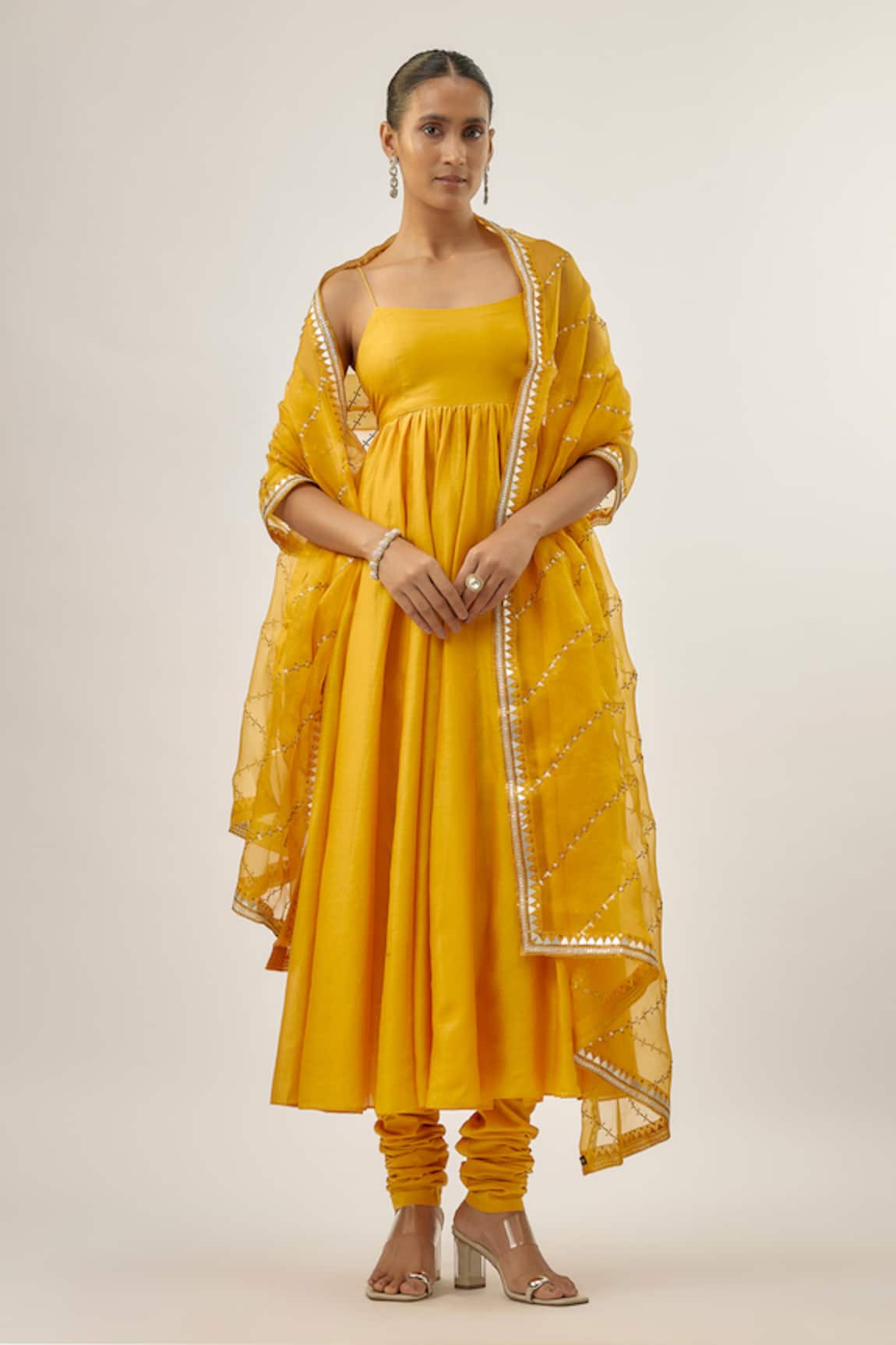 Priyal Prakash SLANT LINES DUPATTA AND ANARKALI SET Mango Yellow Anarkali Set  
