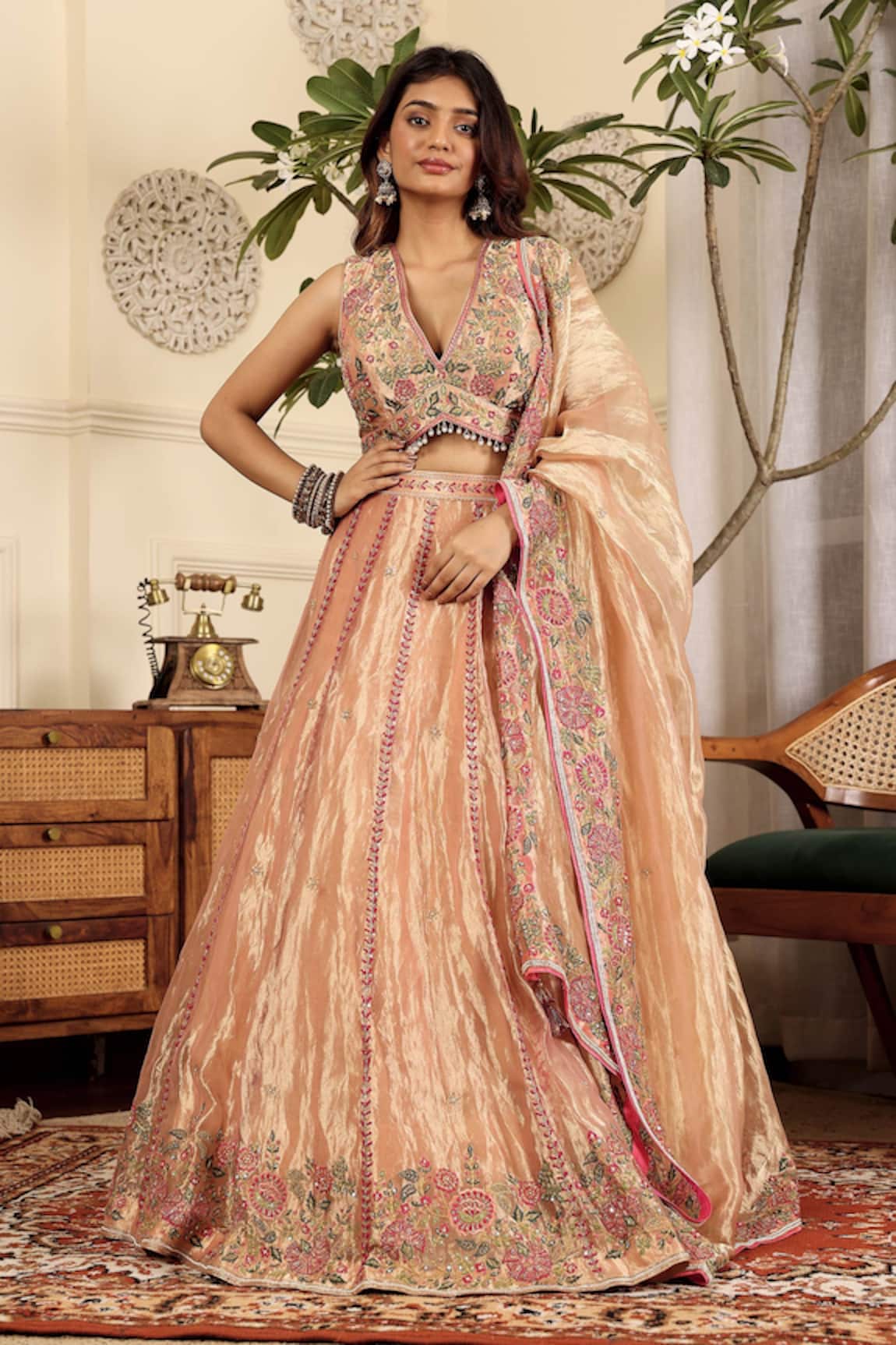 Sonali Methi Pink Tissue Embroidered Lehenga Set 