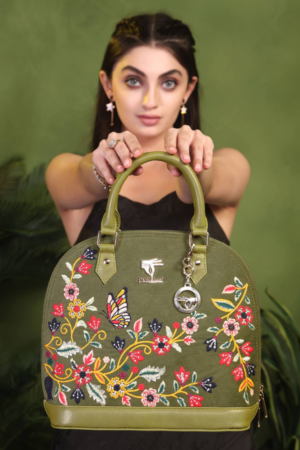 PickAleaf Embroidered Olive Green Handbag 