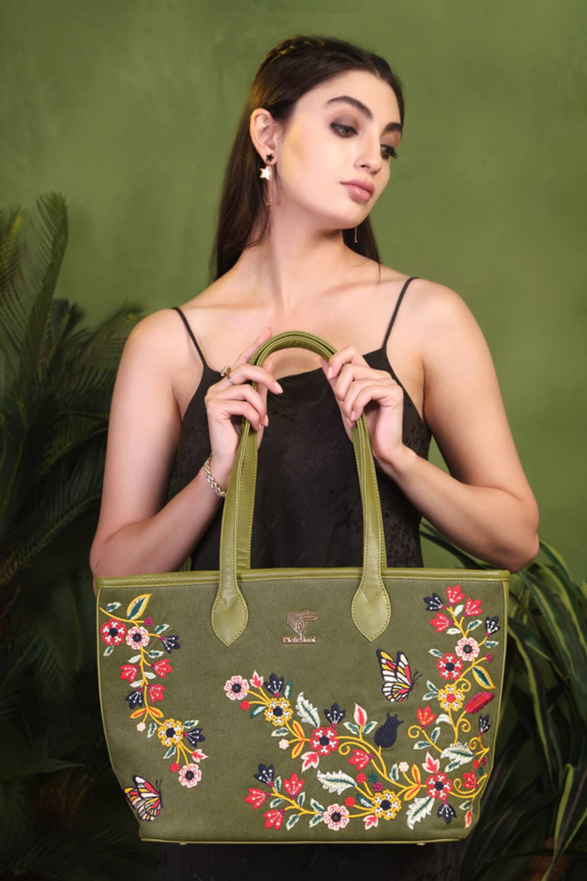 PickAleaf Olive Waves Embroidered Tote Bag 