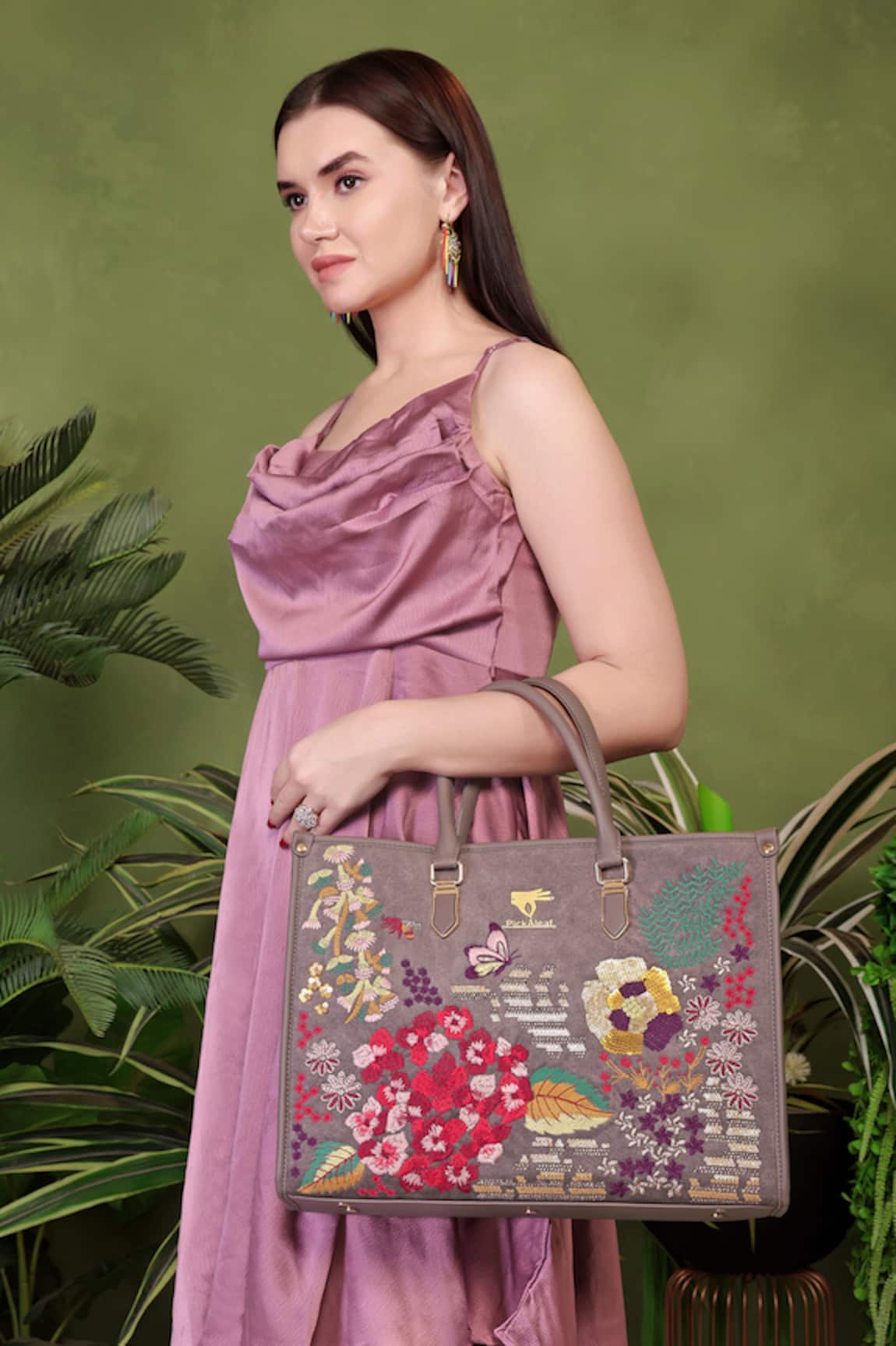 PickAleaf Garden Grey Embroidered Shoulder Bag 