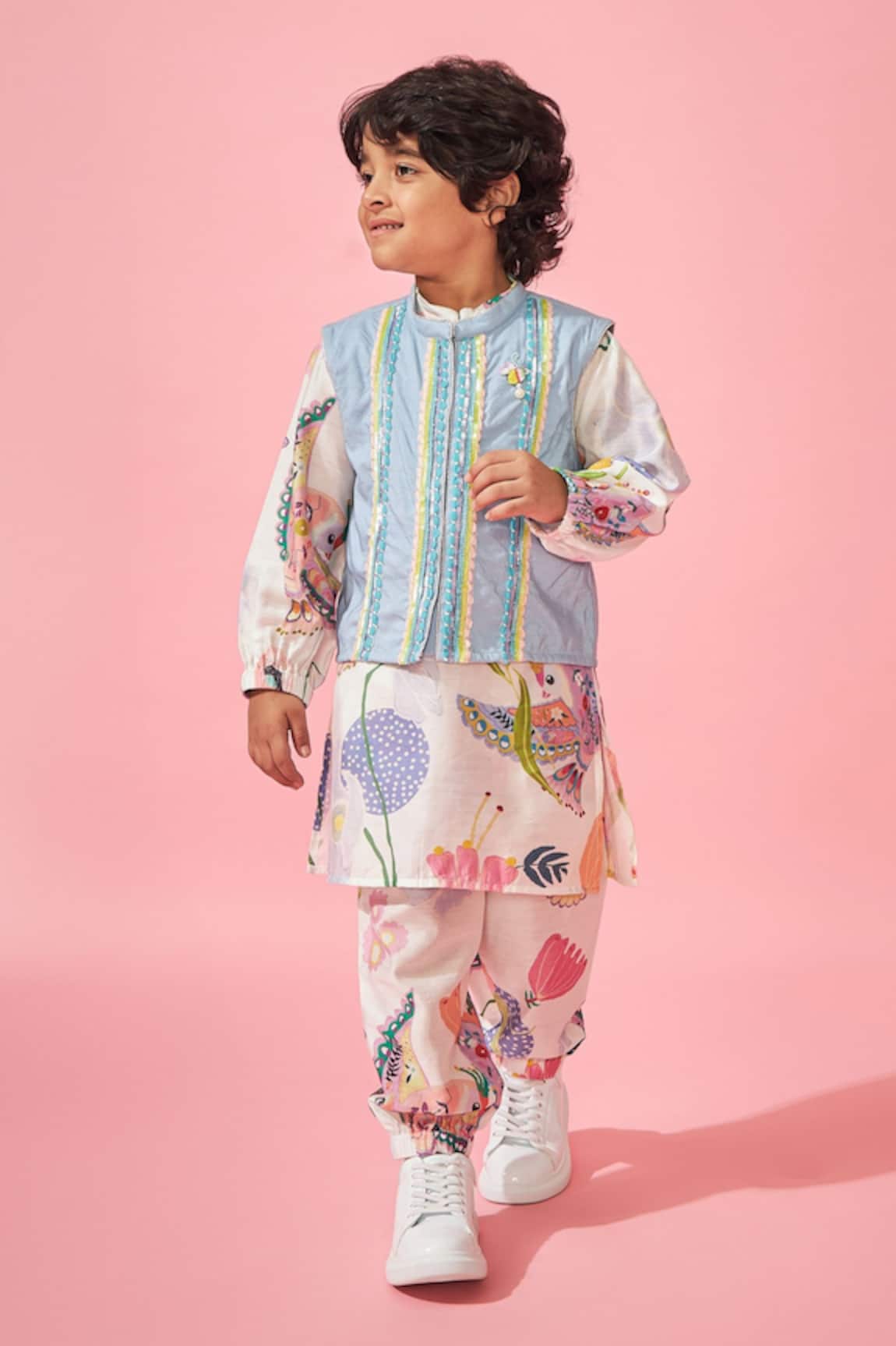 Joey & Pooh White Floral Print Kurta Set 