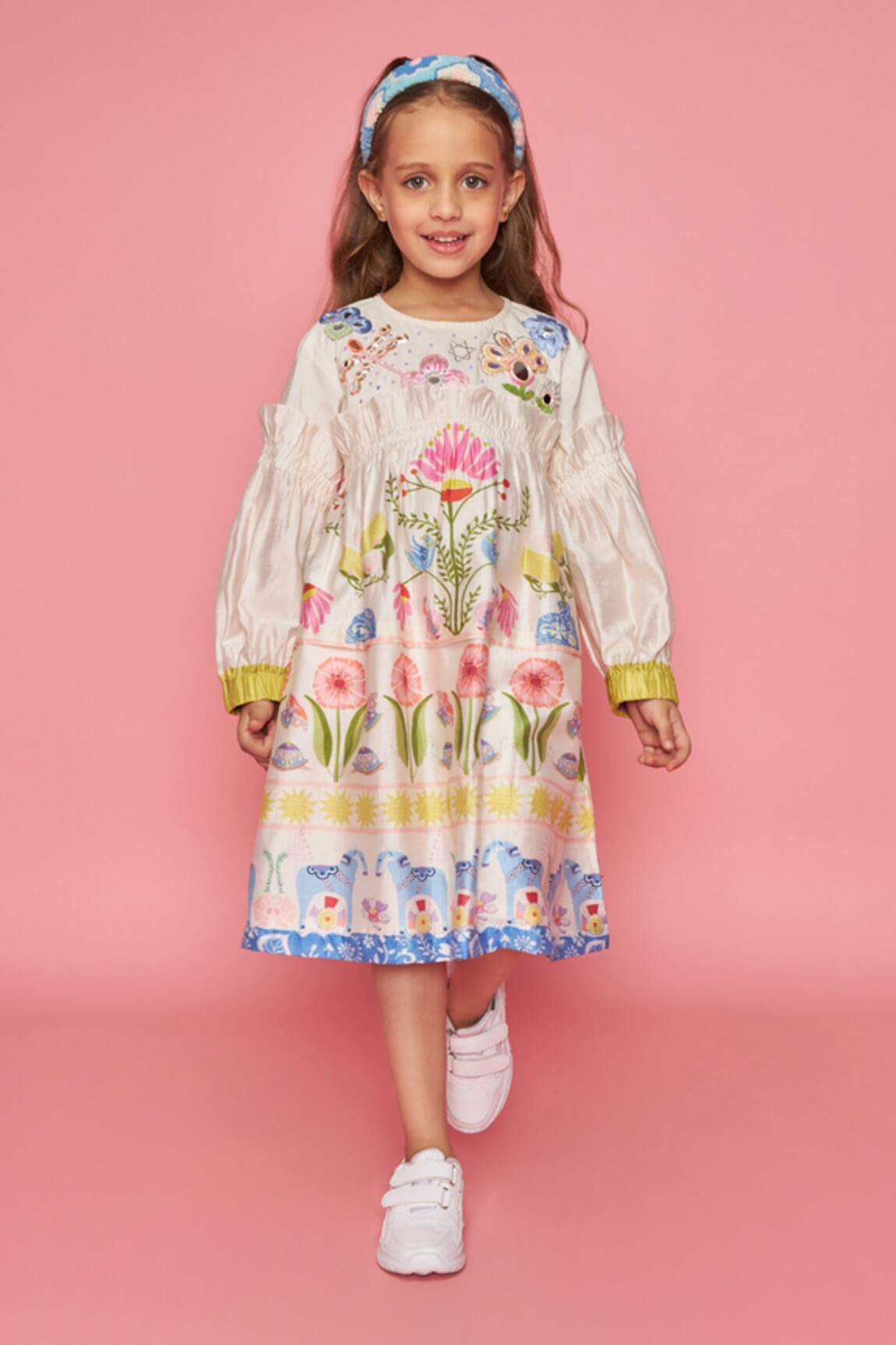 Joey & Pooh Off-White Floral Embroidered Dress 