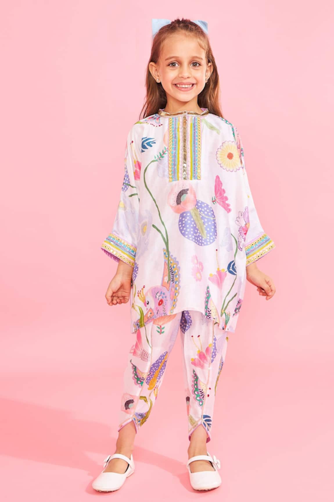 Joey & Pooh White Floral Print Tunic & Pant Set 