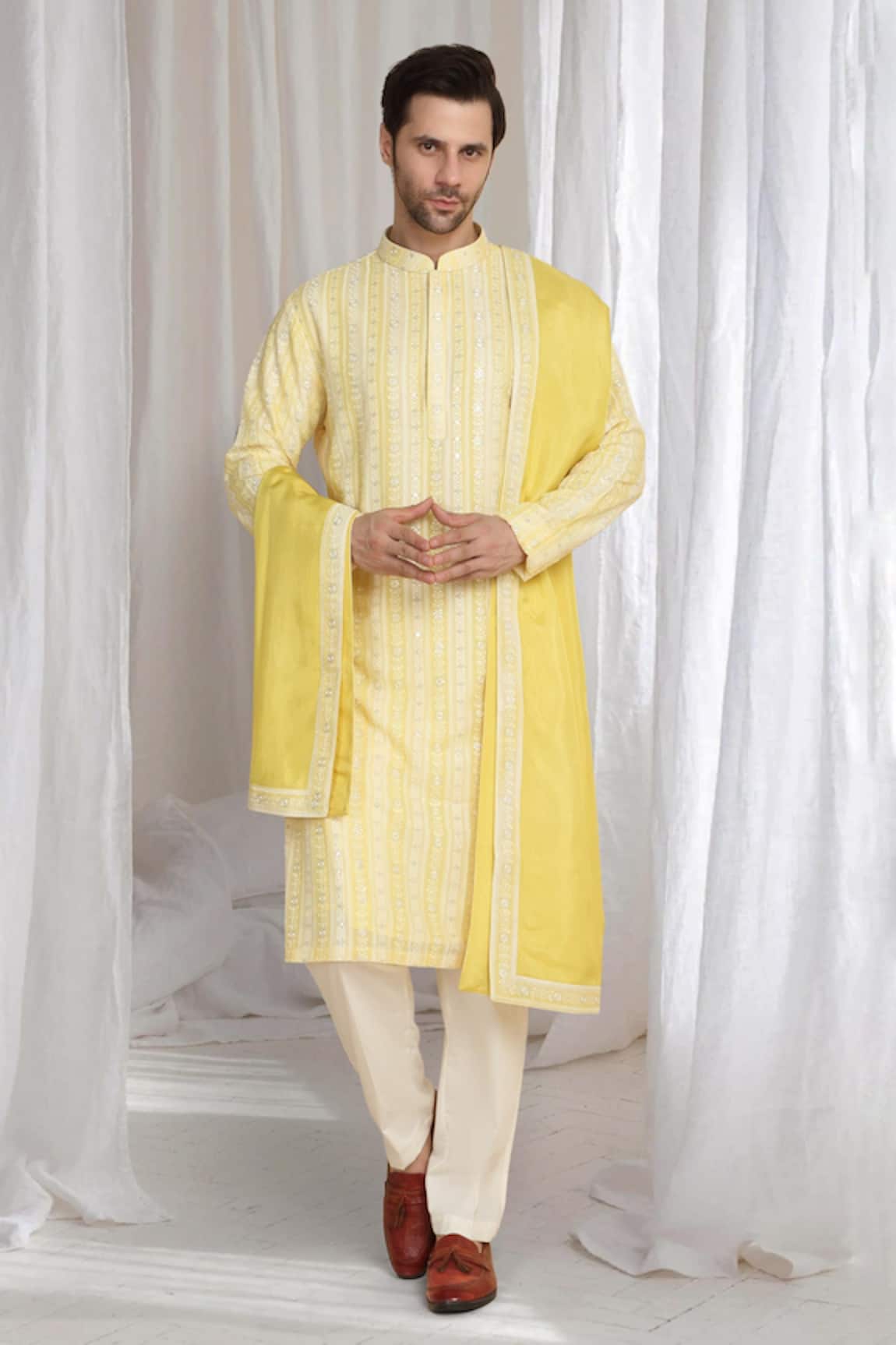 Aham-Vayam Embroidered Pastel Yellow Kurta With Dupatta 