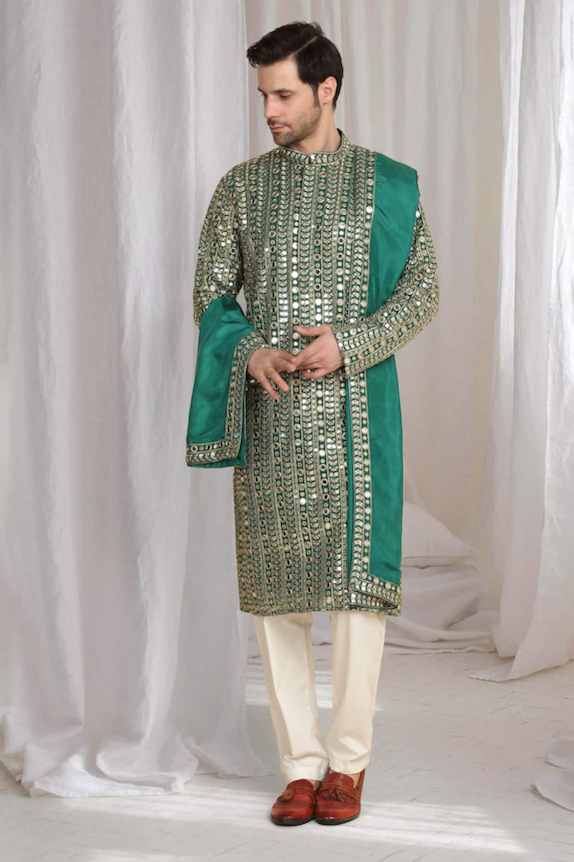 Aham-Vayam Golden Thread Embroidered Kurta & Dupatta 