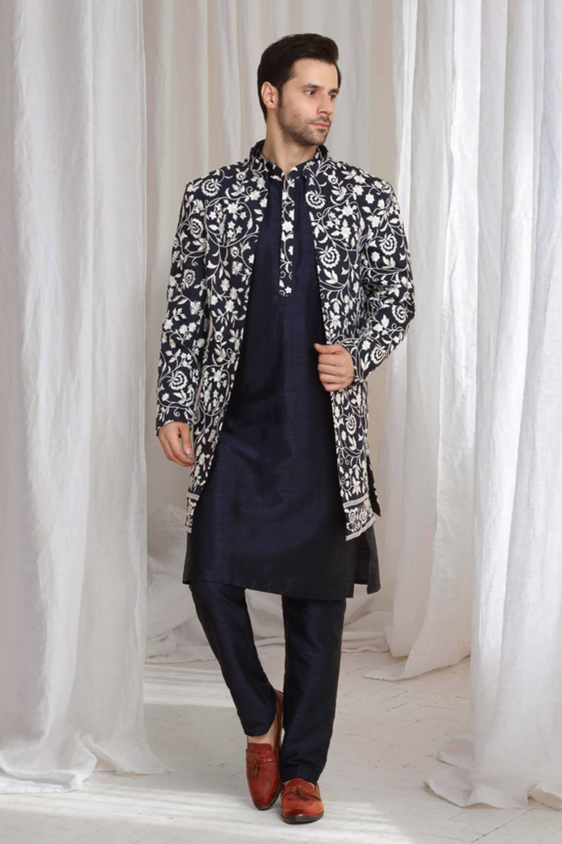 Aham-Vayam Floral Embroidered Jacket Kurta Pant Set 