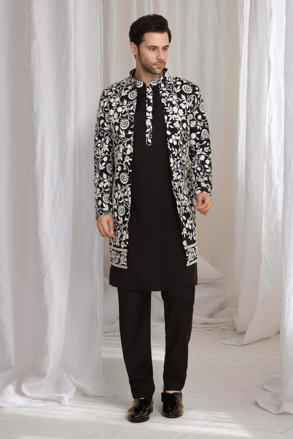 Aham-Vayam Floral Embroidered Jacket Kurta Pant Set 