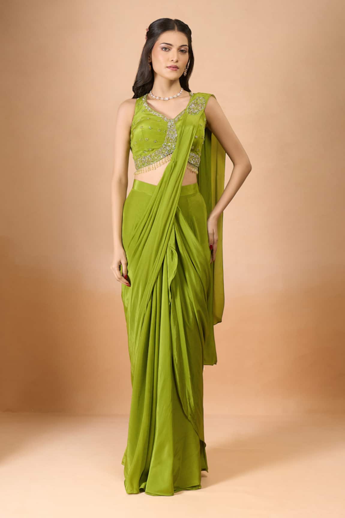 Aariyana Couture Green Crepe Pre-Draped Saree With Blouse 