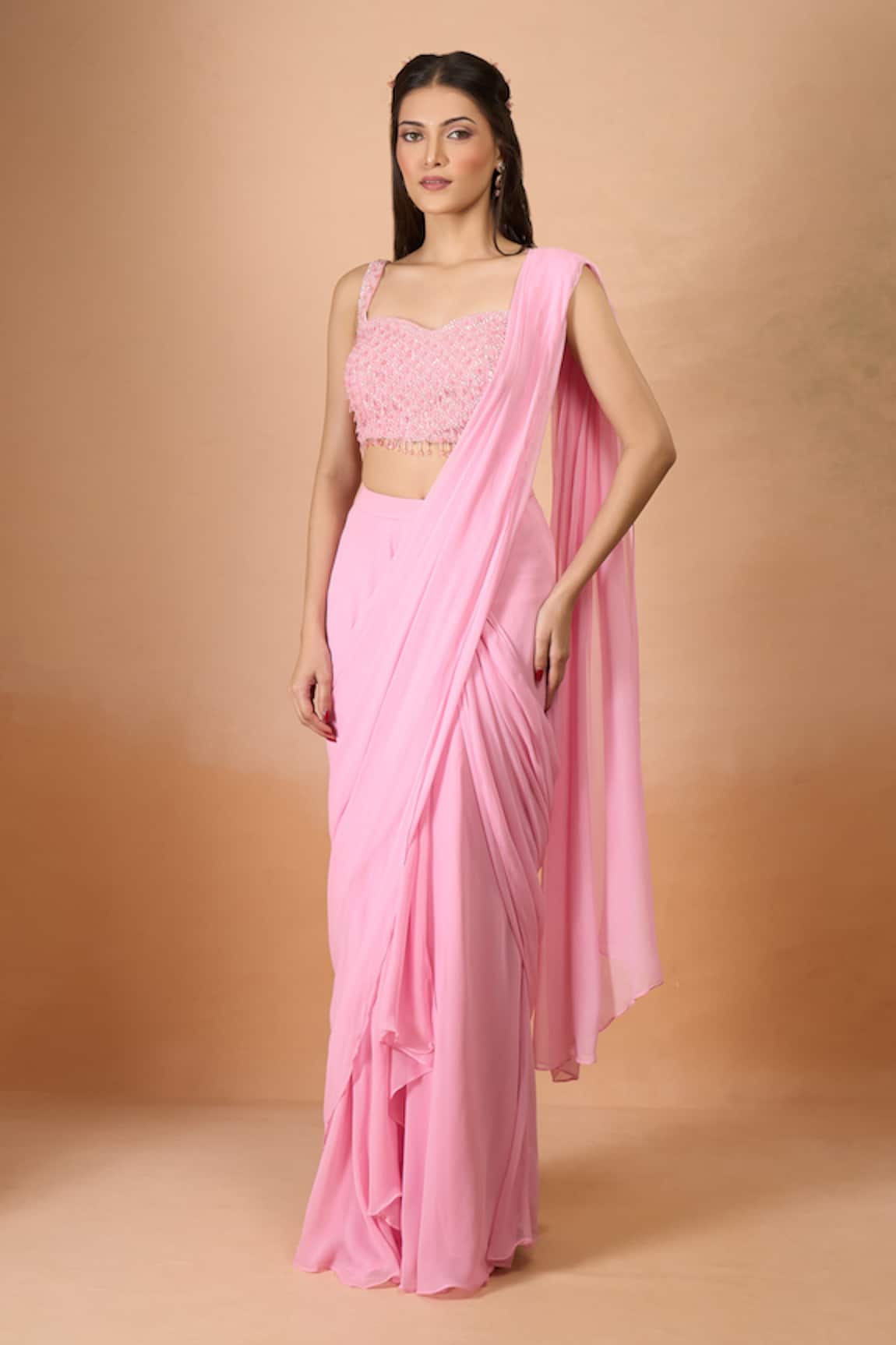 Aariyana Couture Padded Pink Georgette Pre-Draped Saree Set 