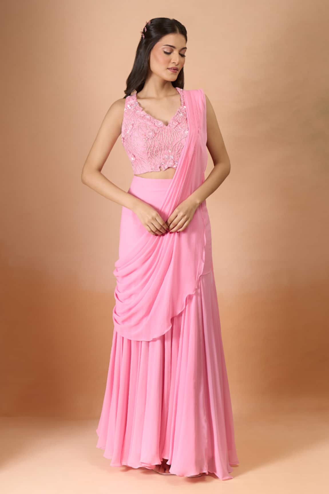 Aariyana Couture Pink Pre-Draped Saree & Blouse Set 