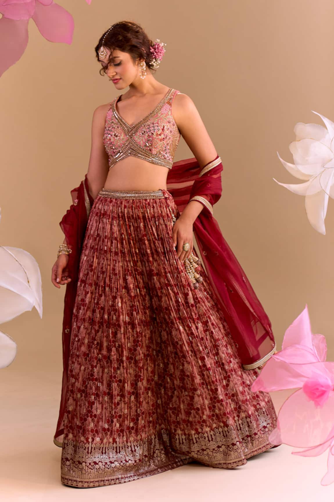 Samyukta Singhania Maroon Hand Embroidered Lehenga Set 