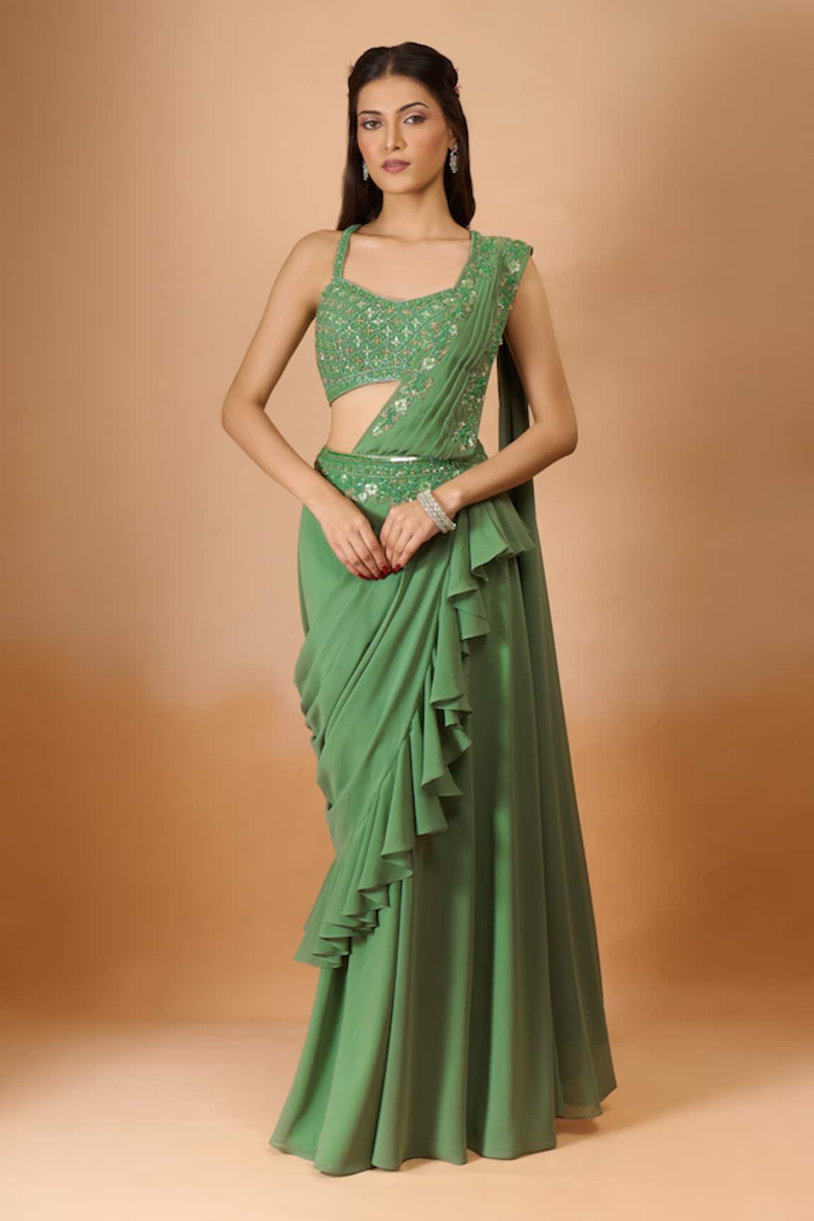 Aariyana Couture Green Pre-Draped Saree With Blouse 