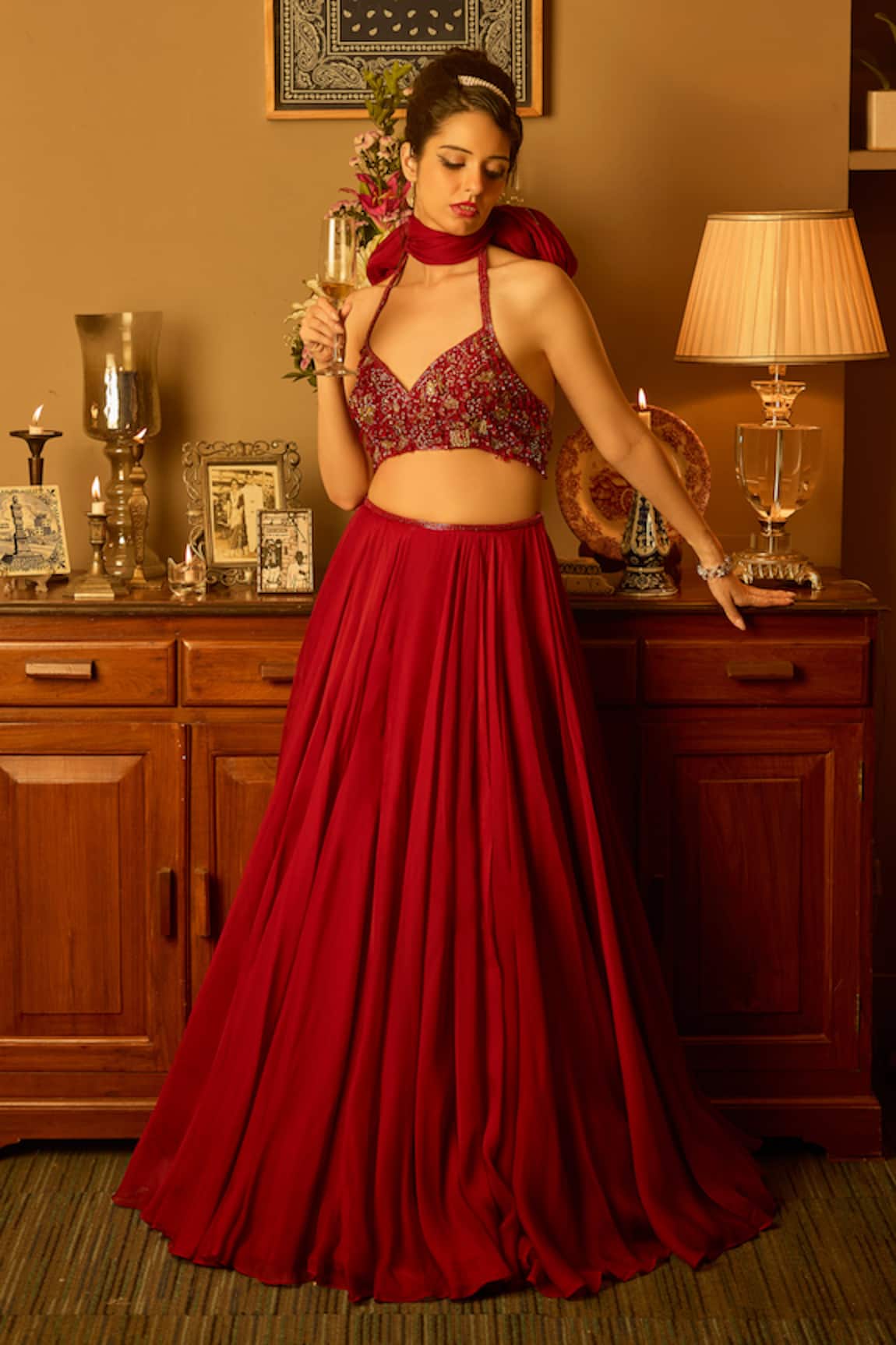 Krishna Padia Maroon Hand Embroidered Lehenga Set 