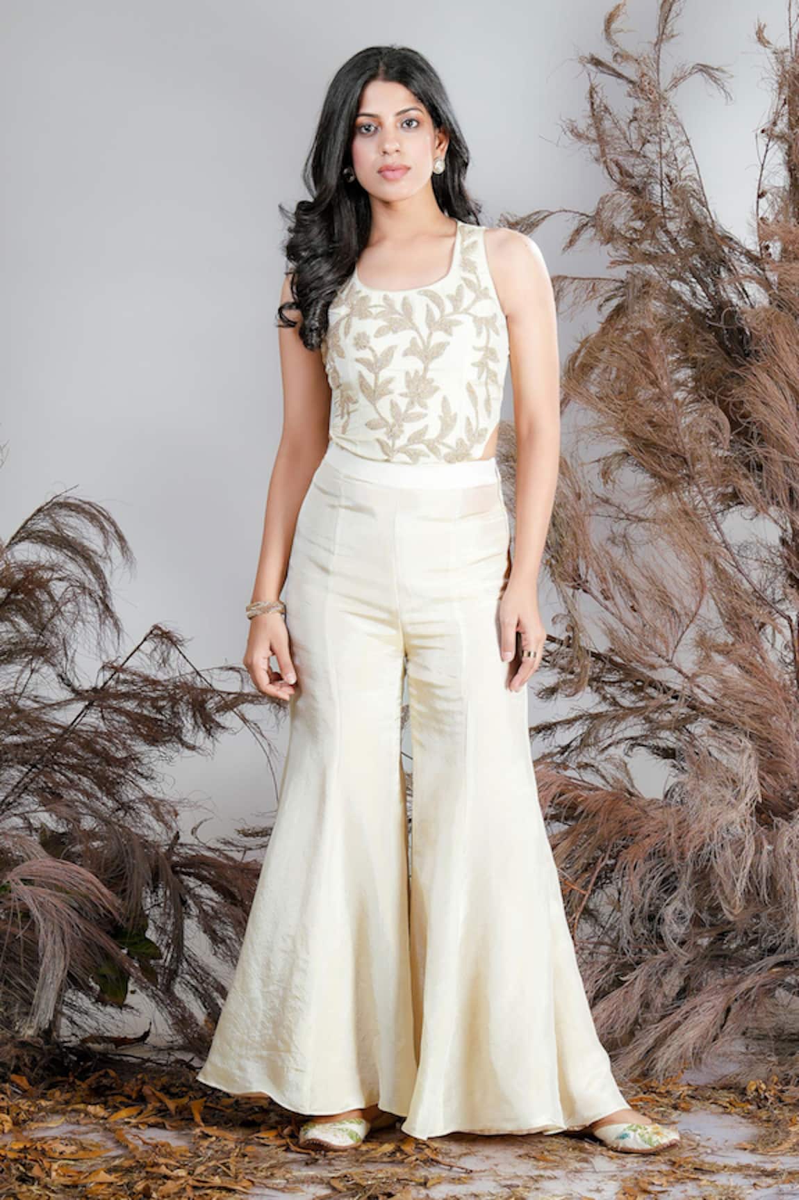 Rirasa Kamini Ivory Embroidered Top & Sharara Pant Set 