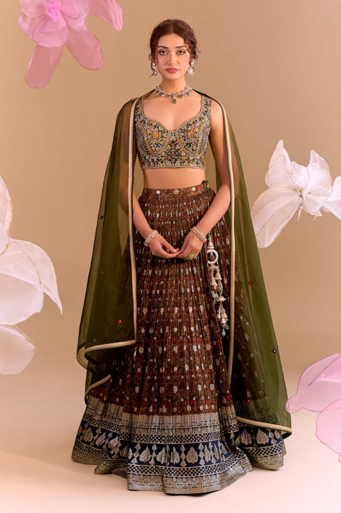 Samyukta Singhania Olive Green Hand Embroidered Lehenga Set 