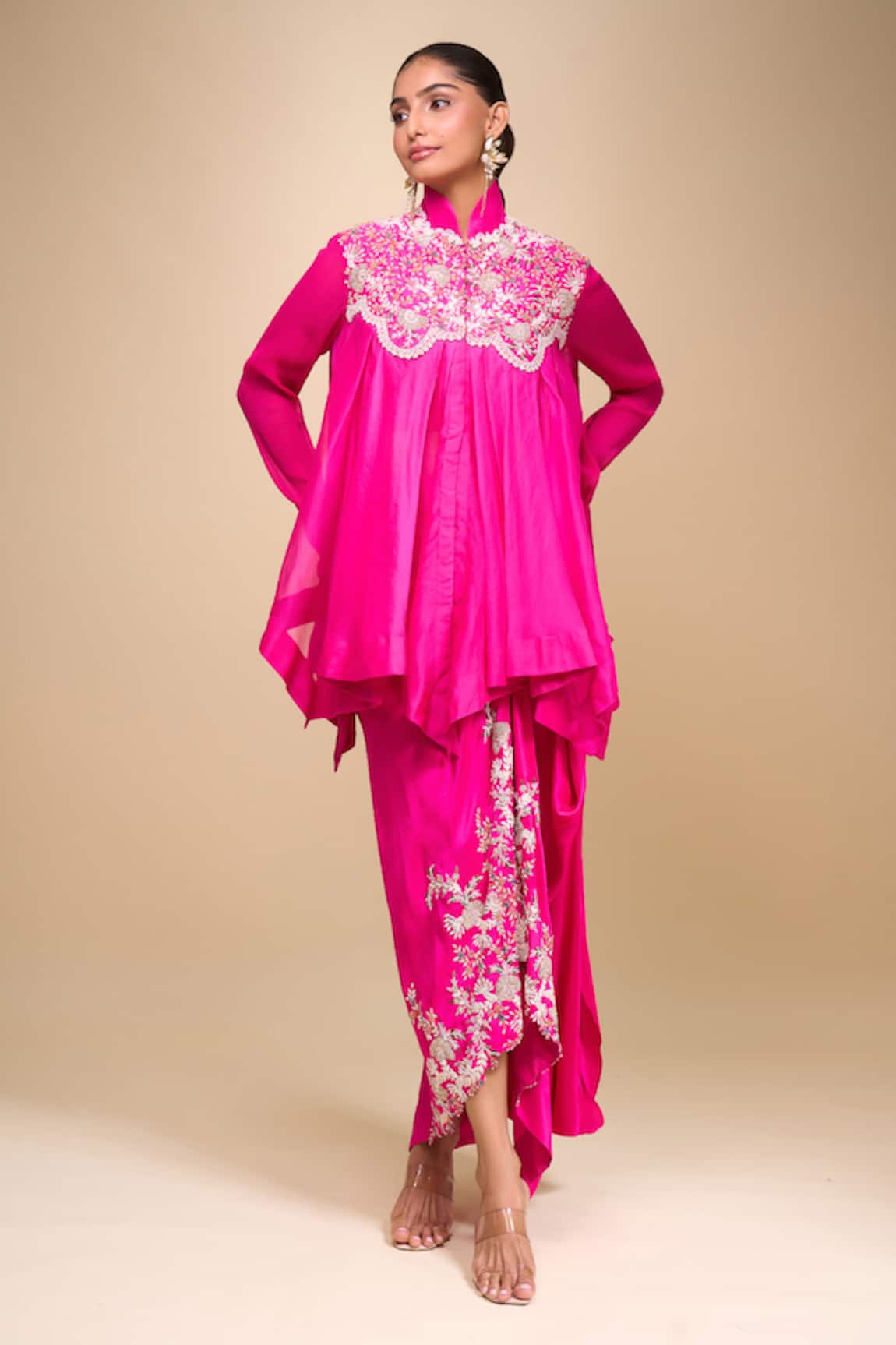 Anamika Khanna Fuchsia Silk Floral Zardozi Draped Skirt Set